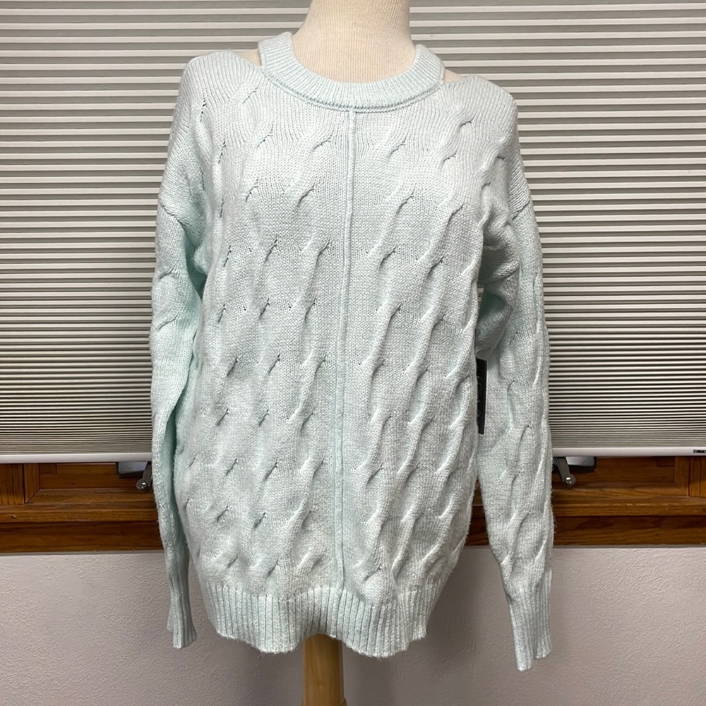 Vince Camuto NWT Pullover Luxe Aqua Mist Cable Knit Crew Neck Cut Out Sweater